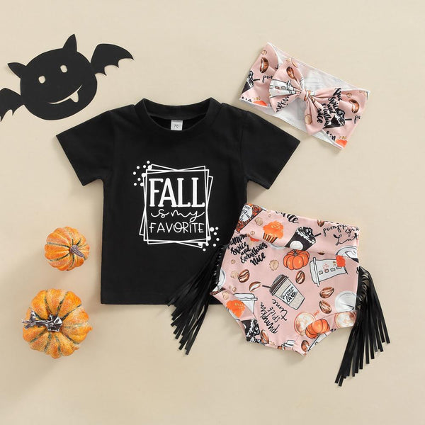Girls Set Halloween Letter Print Top + Fringe Shorts + Tiara Wholesale Baby Clothes