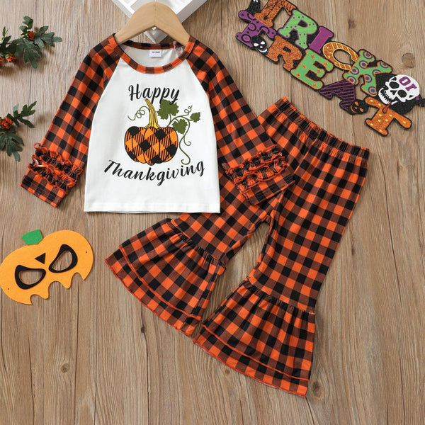 Fall Winter Pumpkin Letter Print Long Sleeve Top Plaid Flared Trousers Thanksgiving Wholesale Girls Clothes