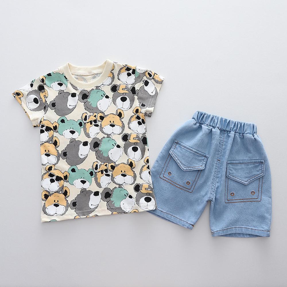 Toddler Boys Summer Fashion Shorts Set Bear Printed Top and Jean Shorts Set Wholesale Toddler Boy Clothes