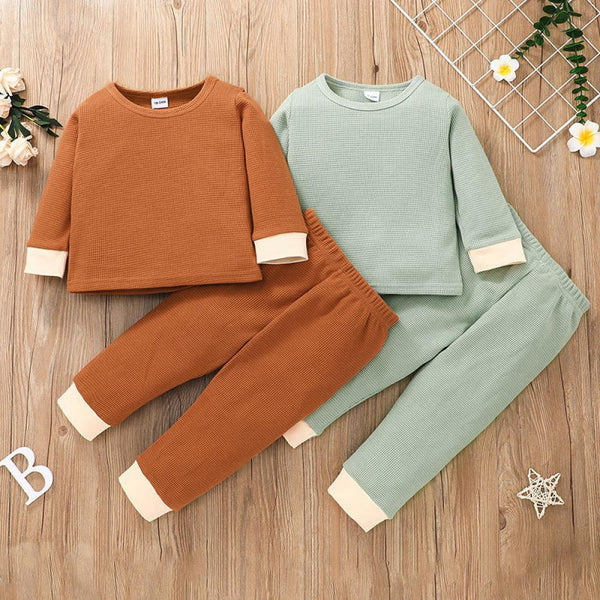 Spring And Autumn Pullover Two-Piece Children's Clothing Solid Color Plaid Color Matching Boys And Girls Suits Wholesale