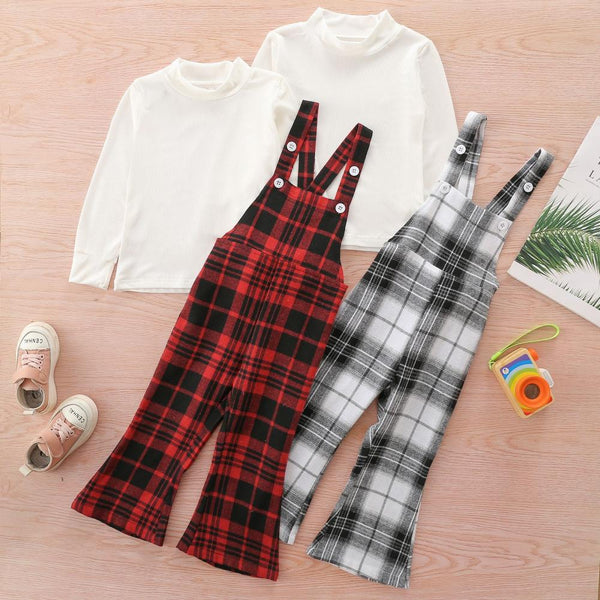 Fall Girls Long Sleeve T-Shirt Plaid Jumpsuit Suit Wholeslae Toddler Girl Clothing