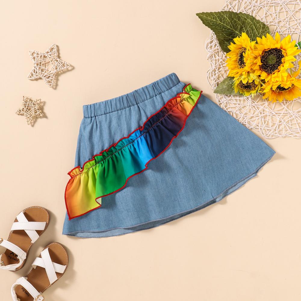 Toddler Girls Fashion Sleeveless Rainbow Color Top and Denim Skirt Set Toddler Girl Wholesale Clothing