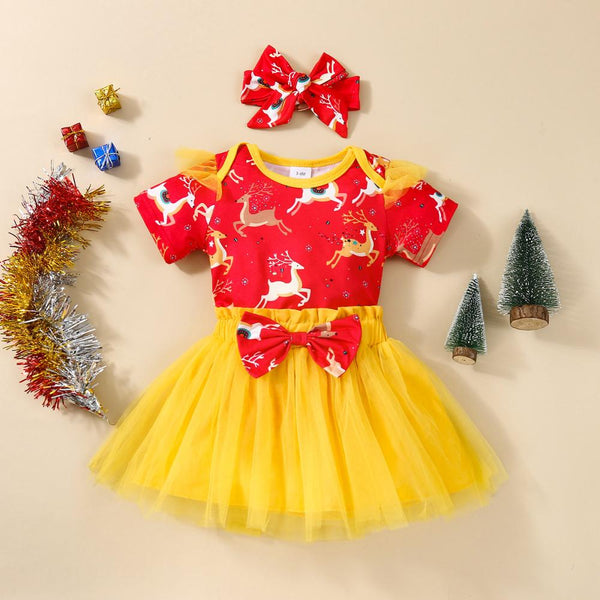 Baby Girls Christmas Elk Short Sleeve Khaki Gauze Dress Set Baby Wholesales