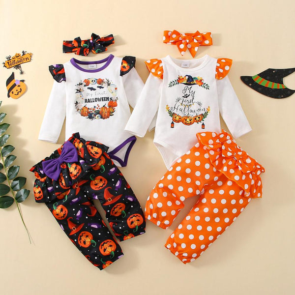 Autumn Winter Baby Girl Halloween Print Pumpkin Pants Set Wholesale Baby Clothes