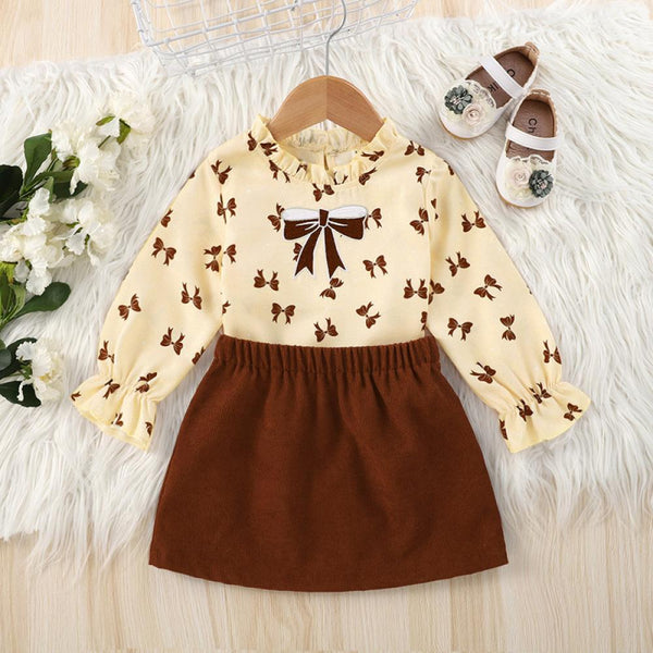 Printed Long Sleeve Brown Skirt Girls Suit Wholesale Girls Clothes