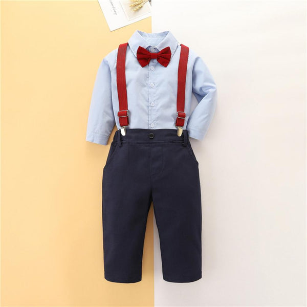 Autumn/Winter New Boy Long-sleeve Shirt + Suspender Trousers Set Wholesale Boys Clothes