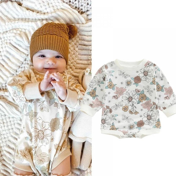 Baby Girls Autumn Print Flowers Romper Wholesale Baby Children Clothes