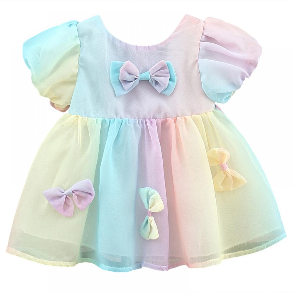 Baby Girls Summer Rainbow Color Puff-sleeve Princess Dress Wholesale Little Girl Clothing