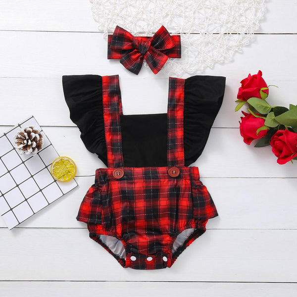 Summer Infant Romper Newborn Flying Sleeve Plaid Romper + Hairband Wholesale Baby Clothes