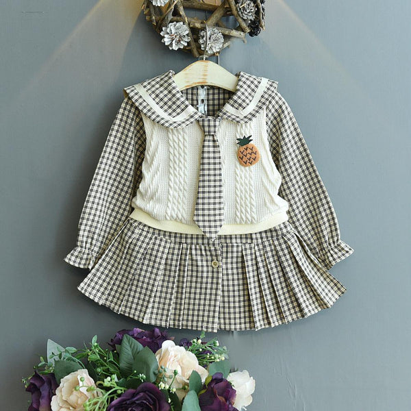 Girls Spring Autumn Plaid Dress With Vest School Set Baby Girl Boutique Clothing Wholesale