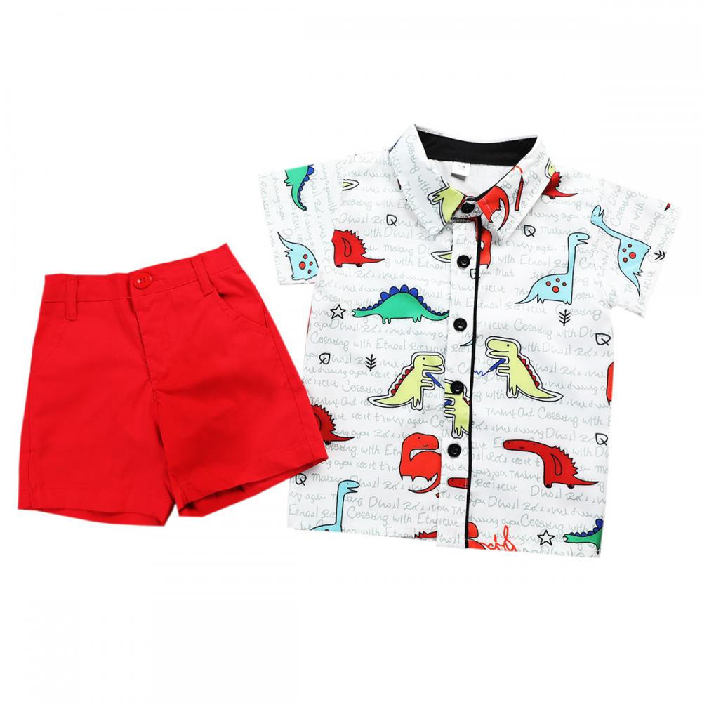 Toddler Boy Set Summer European And American Style Gentlemen Short-sleeved Dinosaur Print Shirt Top Solid Color Shorts Two-piece Set Wholesale Children's Clothing Market