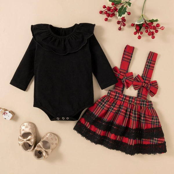 Christmas Bow Girls Plaid Skirt Two Piece Set Wholesale Girls Clothes