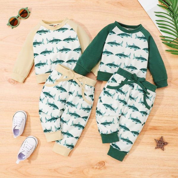 Boys' Autumn/Winter Shark Colorblock Waffle Long Sleeve Pants Set Wholesale Baby Boy Clothes