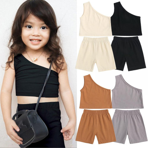 Children's Clothing Summer Girls Suit One-Shoulder Suspender Top Shorts Two-Piece New Solid Color Sleeveless Suit Wholesale Cheap Girl Clothes