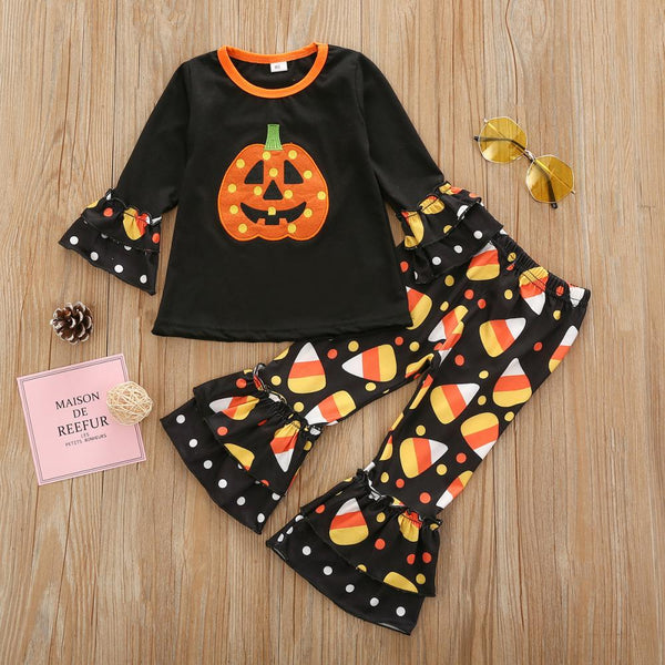 Halloween Girls Pumpkin Long Sleeve Print Flared Pants Set Wholesale Girls Clothes