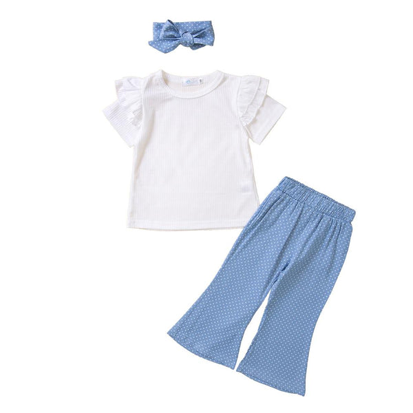 Summer Girls Short Sleeve T-shirt Top +Polka Dot Pants Casual Set Leggings For Girls Wholesale