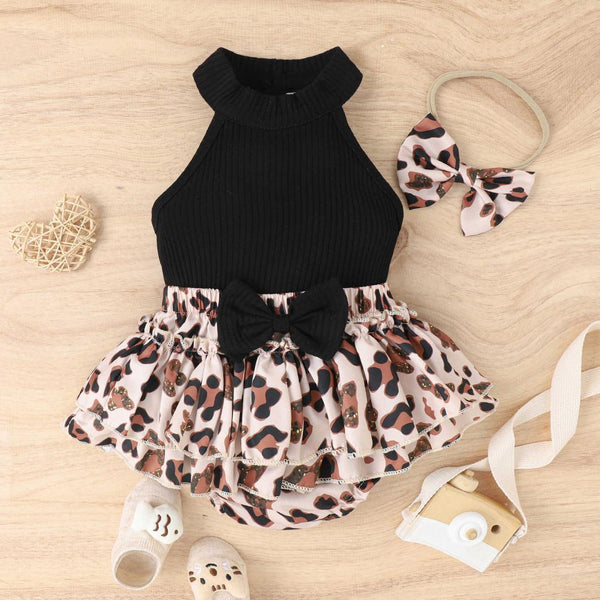 Summer Sleeveless Vest Leopard Bow Skirt Fart Pants Baby Suit Wholesale