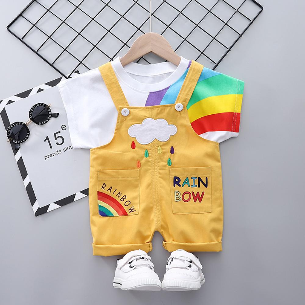 1-4Y Toddler Unisex  Summer Sets Rainbow Print T-shirt Short Sleeves And Jumpsuits Two-piece Set Wholesale Kids Clothing