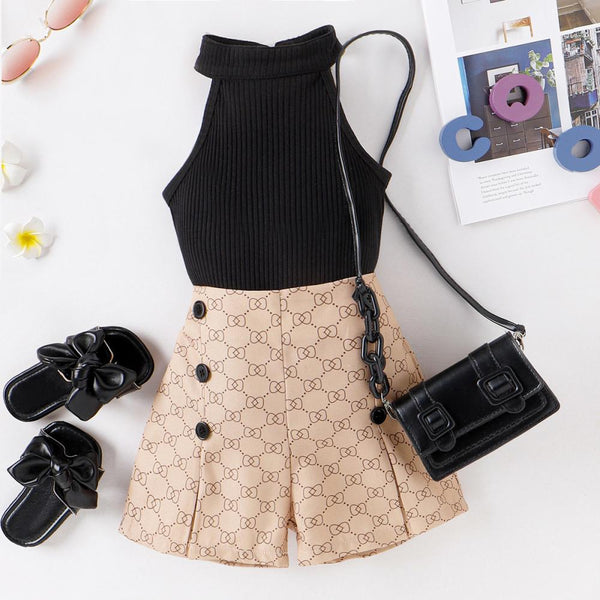 Spring And Summer Girls Cotton Neck Printed Shorts Girl's Suit Wholesale Boutique Clothing