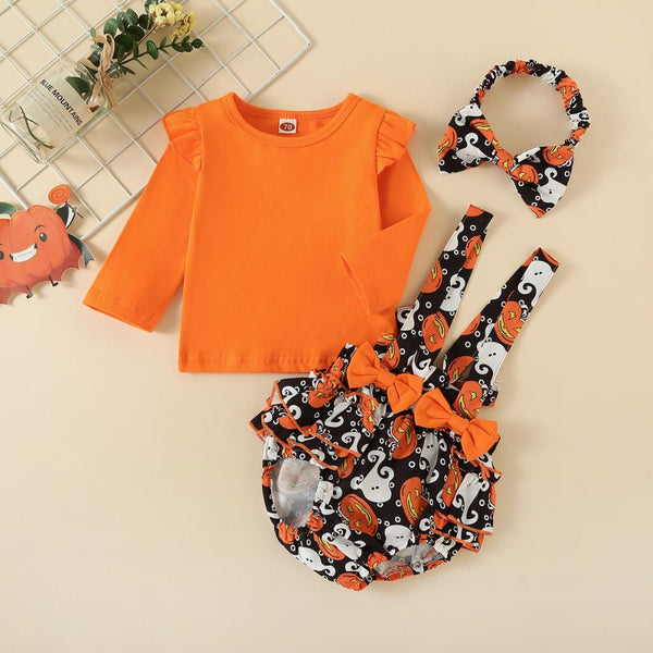 Halloween Girl Treasure Triangle Bag Fart Sling Romper Long Sleeve Three-piece Set Wholesale Baby Clothes