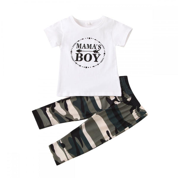 Mother's Day Boys Party Suit White T-Shirt Letter Print Short Sleeve + Camouflage Print Trousers Two-Piece Set Wholesale Baby Clothes