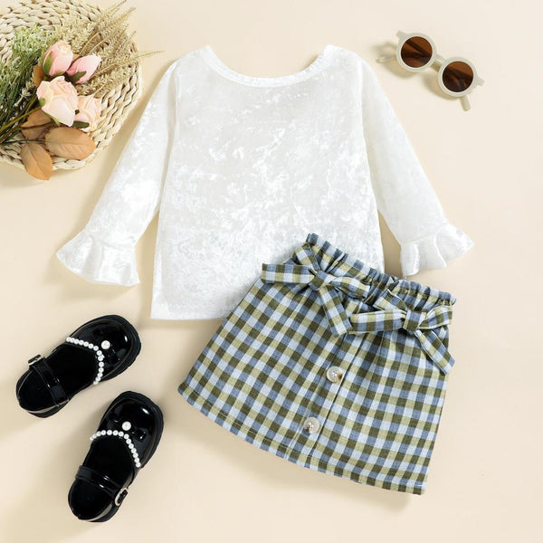 Autumn and Winter Girls' Velvet Top Plaid Bow Skirt Two-piece Set Wholesale Girls Clothes