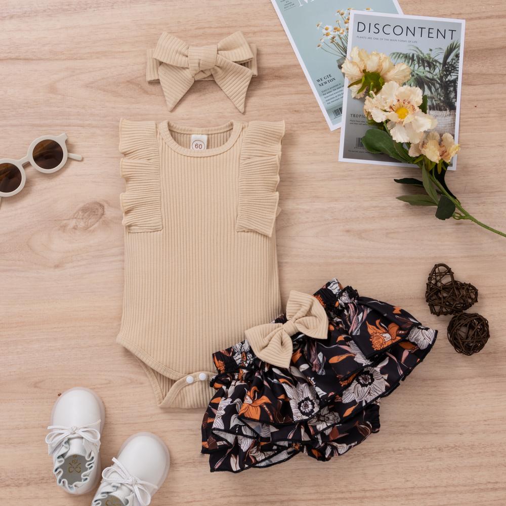 Baby Girl Clothes Infant Summer Outfits Set Ruffle Sleeve Romper and Floral Shorts with Headband  Wholesale