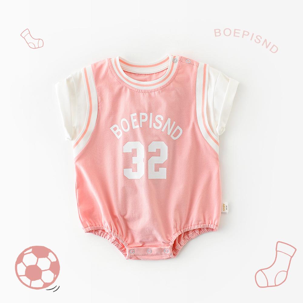 0~2Y 2022 Summer New College Style Newborn Baby Girl Fake Two-Piece Jersey Short-sleeved Cool Bag Wholesale Baby Clothes