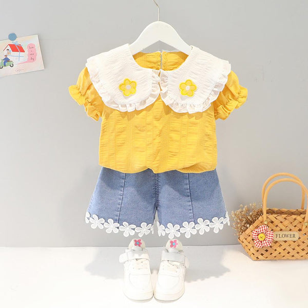 Baby Girls Summer Flower Collar T-shirt and Denim Shorts Set Wholesale Baby Clothes Usa