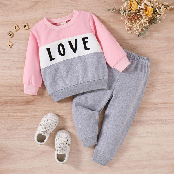 Girls Autumn And Winter New Letter Color Matching Pullover Sweater Sports Pants Two-piece Suit Wholesale