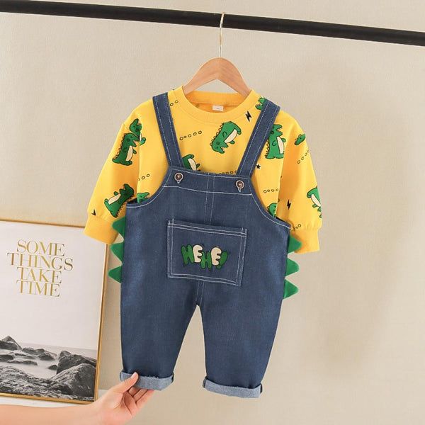 Autumn Overalls Western-style Baby Boys Cartoon Sweater Two-piece Set Wholesale Boys Clothes