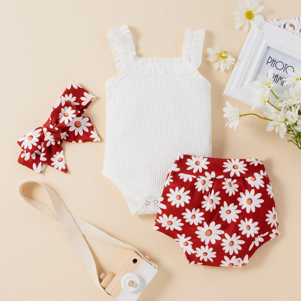 Baby Girls Summer Sleeveless Romper and Floral Shorts N Headband Set Baby Wholesales