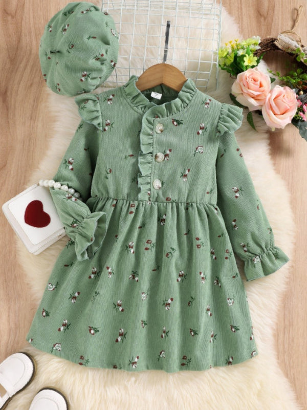 Autumn Toddler Girls Long-sleeve Floral Corduroy Dress + Hat Wholesale Girls Clothes