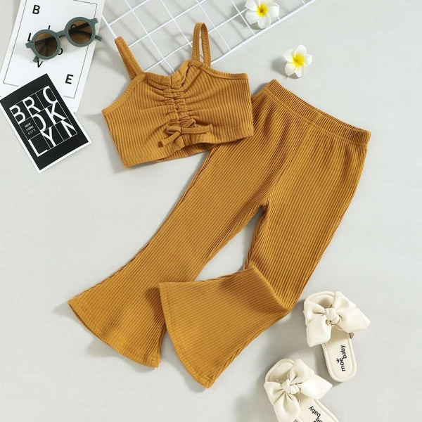 Spring And Summer Girls Condole Belt Drawstring Vest Horn Pants Cotton Two-piece Suit Wholesale Girls Clothes