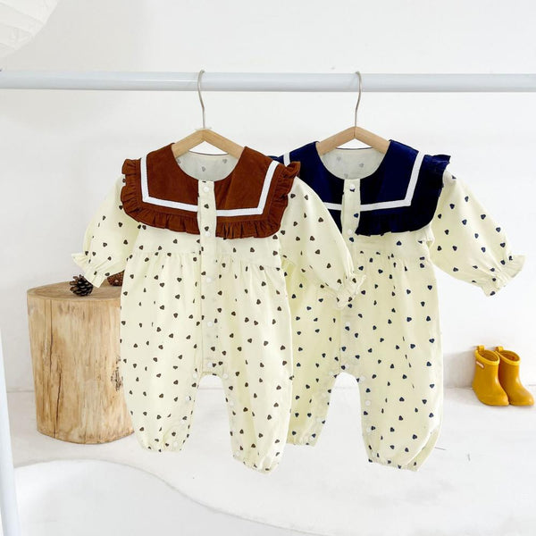 Baby Clothes Spring and Autumn Corduroy Heart Print Navy Collar Baby Romper Wholesale