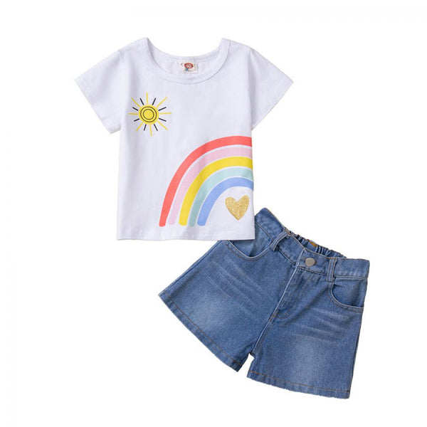 Toddler Girls Summer Rainbow Top and Denim Shorts Set Baby Girl Wholesale