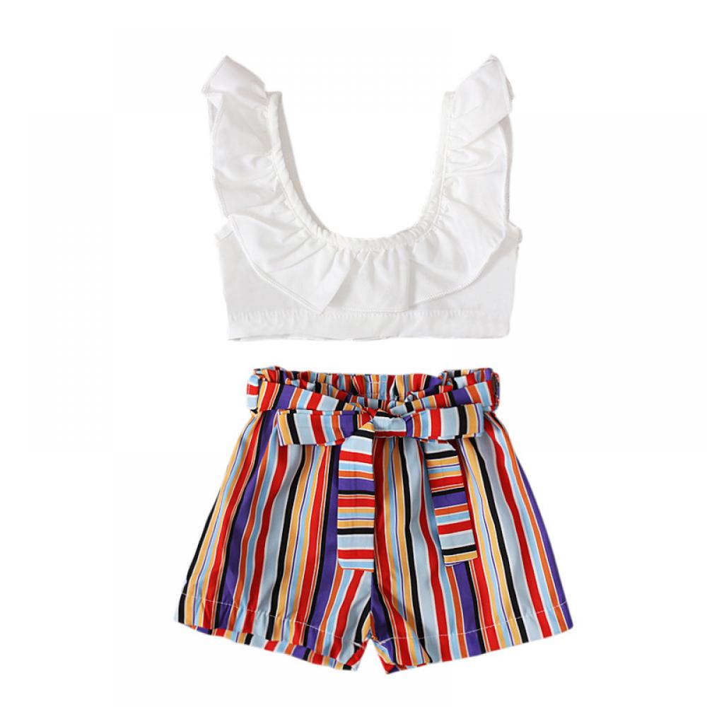 Baby Girls Set Bohemia Style White Sleeveless Top and Stripe Shorts Set Baby Clothes Warehouse