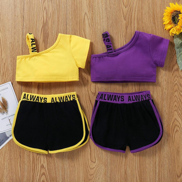 Baby Girls Summer Solid Color Letter Diagonal Strap Pullover + Shorts Wholesale Baby Clothes In Bulk