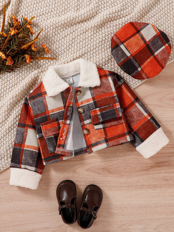Autumn and Winter Girls' Plaid Fur Collar Stitching Fur Sleeves Jacket With Hat Wholesale Girls Clothes