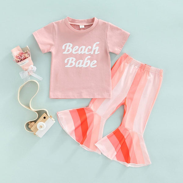 Toddler Girls Letter Babe Printed Top and Bell Bottoms Flared Pants Rainbow Trendy Baby Girl Wholesale