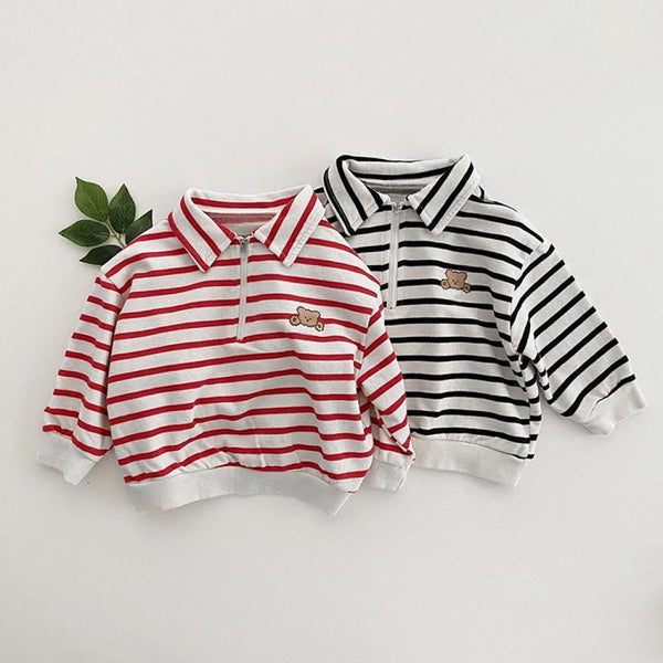 Autumn Striped T-Shirt Embroidered Bear POLO Shirt Boys and Girls Tops Wholesale Baby Children Clothes