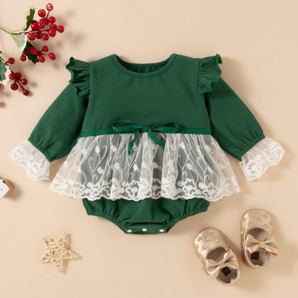 Spring and Autumn Long Sleeve Christmas Lace Green Romper Wholesale Baby Clothes
