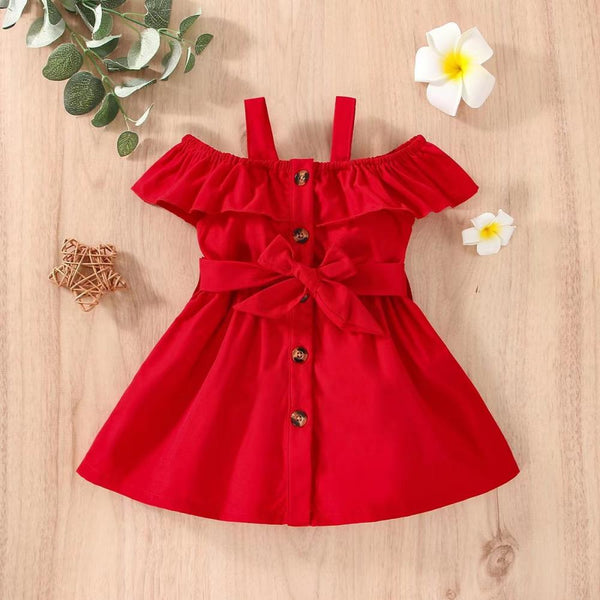 Baby Spring And Summer Condole Belt Shoulder Ruffled Button Strap Waist Princess Dress Wholesale Girls Dress