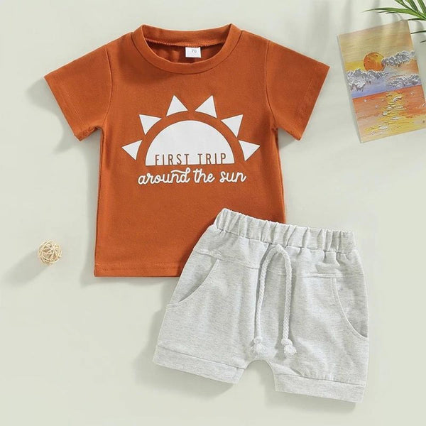 Summer Boys' Sun Letter Printed Short-sleeved T-shirt Short Set Wholesale Boys Clothes