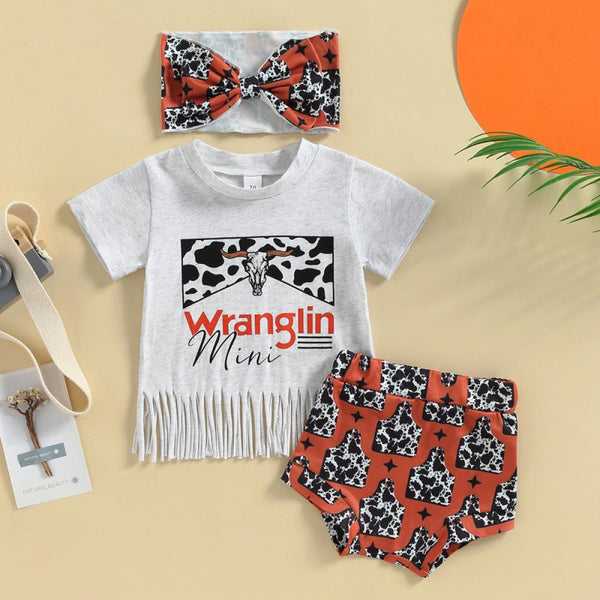 Summer Newborn Girls Clothes Farm Style Short Sleeve Tassel T-shirt Shorts Set Wholesale