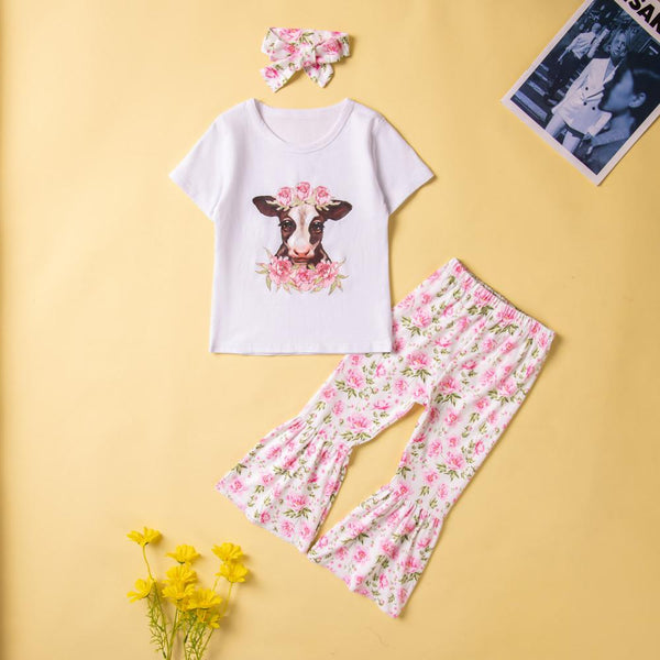 Girls Summer New Cute Flower Calf Top Flared Pants Suit Wholesale Girls Clothes
