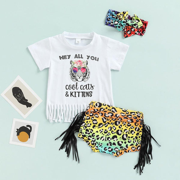 Summer Girls Letter Print Tassel T-shirt Flared Pants Three-piece Set Wholesale Baby Girl Clothes