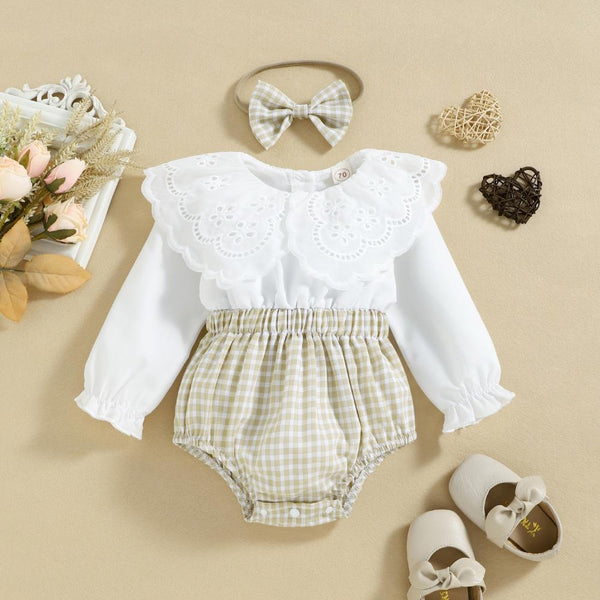 Baby Girls Lace Doll Collar Autumn Winter Long Sleeve Plaid Romper Wholesale Girls Clothes