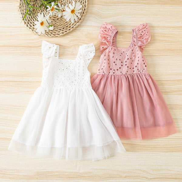 Summer Girls' Sling Sweet Lace Stitching Mesh Princess Dress Wholesale