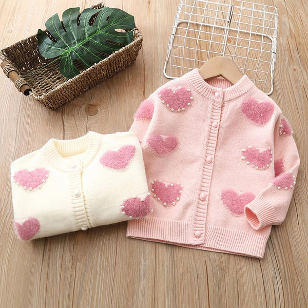 Girls Sweater Knit Pearl Heart Cardigan Top Sweet Princess Jacket Wholesale Girls Clothes